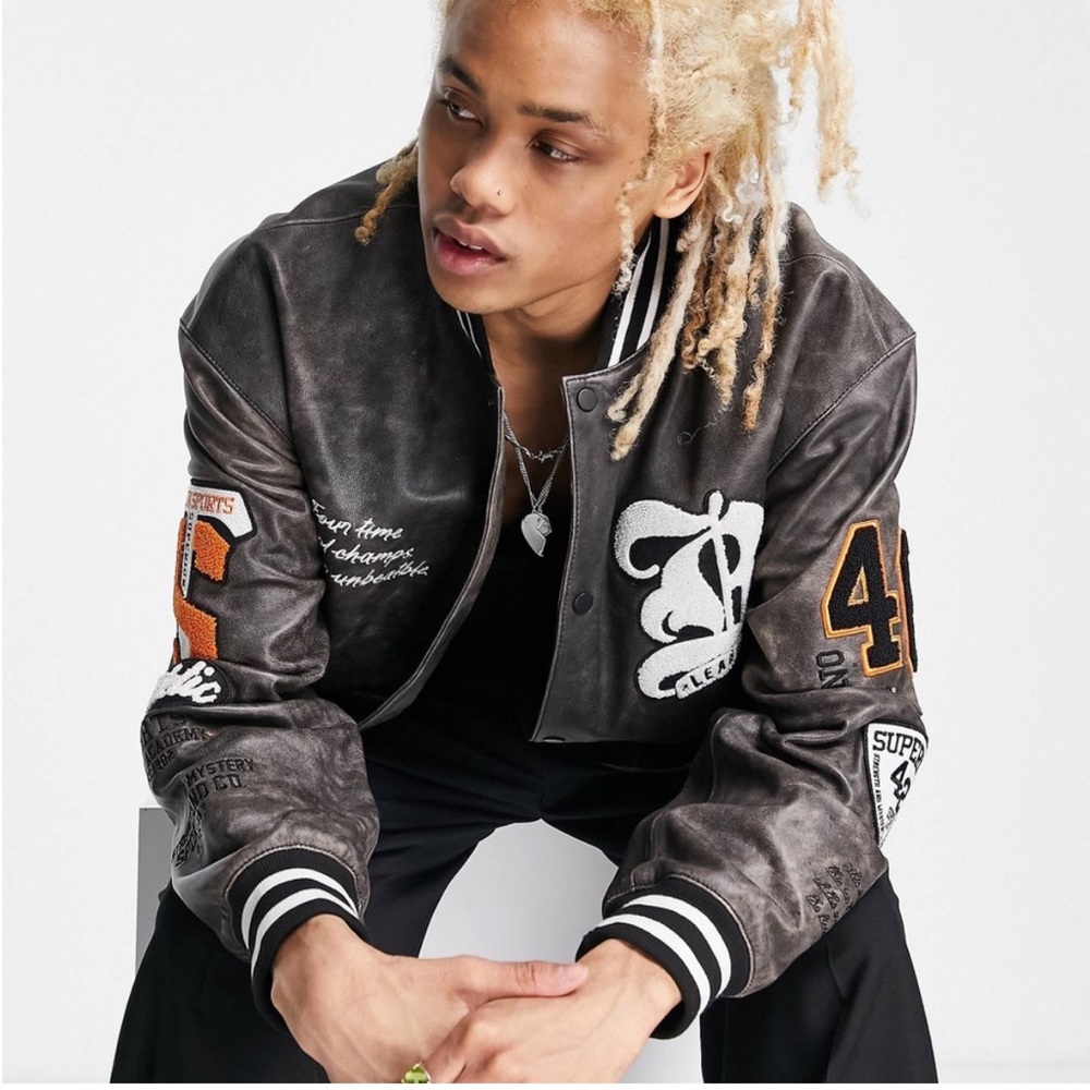 ASOS DESIGN oversized leather varsity bomber  jacket